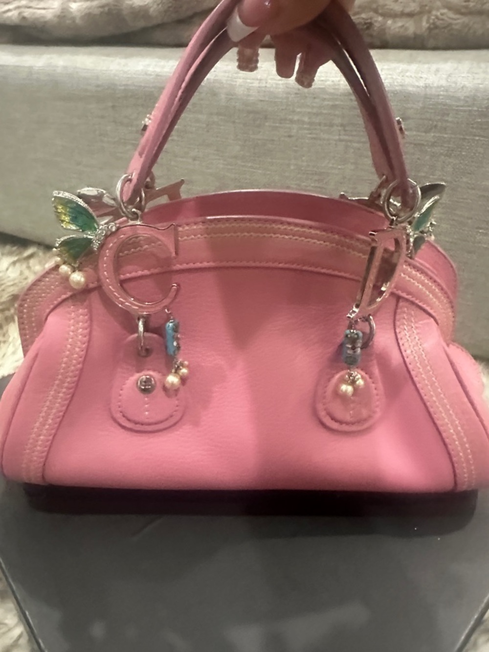 RARE DIOR limited edition CD logo Pink Leather w/ Butterfly diamond Pearl Charms - Picture 7 of 12
